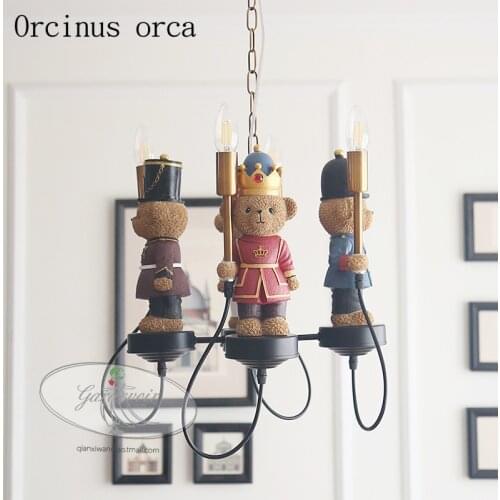 British teddy bear chandelier childrens lamp boys and girls bedroom American creative cartoon doll LED resin chandelier