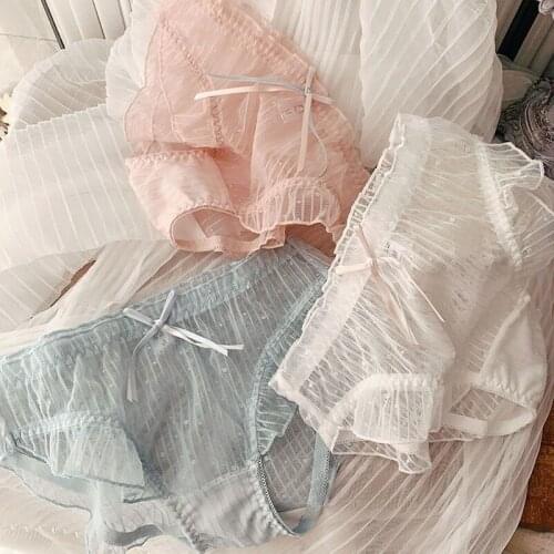 Sweet Sexy See Through Seamless Lingerie Cute Underwear Women Girls Summer Mesh Lace Thong Panties Lolita Style Panti White Pink