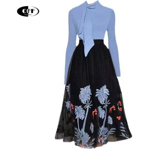 Fashion Korean Blue Knitted Long Sleeve Tops Blouses And Embroidery Floral Midi Skirts Elegant Office Two Piece Set Suits Mujer