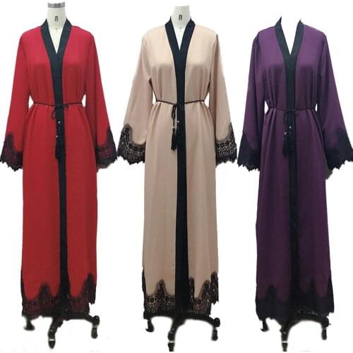 Muslim Womens Middle Eastern Arab Bangladesh Turkey Abaya Dubai Lace Cardigan Long Sleeves Robe Dress Fashion Islamic Clothing