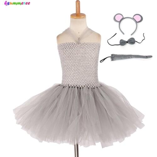 Gray Mouse Girls Tutu Dress Outfit Animal Kid Halloween Dress up Costume Children Birthday Party Tulle Dress Ears Tail Bow Set