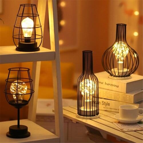 Portable Glass Transparent Lights Hollow Out Wine Bottle Shape Led Lamp Wrought Iron Night Light Lantern Red Wine Bottle Lamp