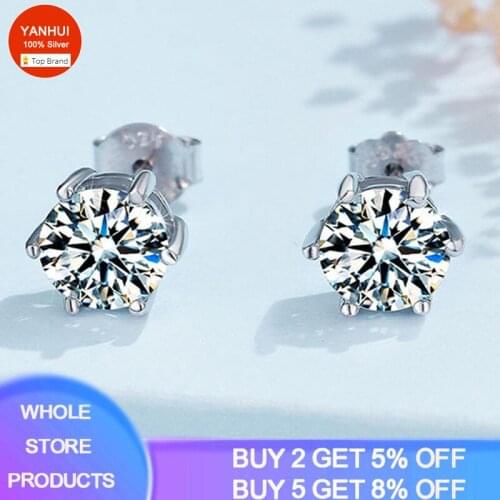 YANHUI Real 925 Sterling Silver Earrings 6/8mm Six Claws Crystal Zircon Silver Stud Earrings For Women Sterling Silver Jewelry