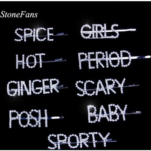 StoneFans Spice Girls Hair Pin Jewelry for Women POSH BABY SPORTY Bling Rhinestone Letter Hair Barrettes for Festival Jewellery