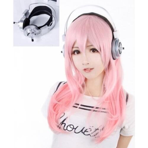 Super Sonico Supersonico 60cm Long Pink Ombre Hair Heat Resistant Cosplay Costume Wig + Toy headset
