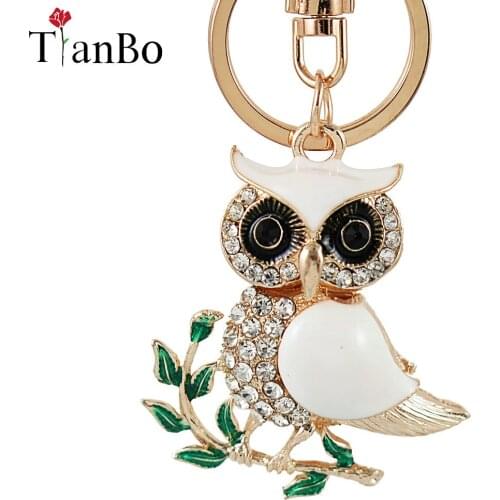 TianBo Cute Owl Branch White Crystal Charm Purse Handbag Car Key Keyring Keychain Party Wedding Birthday Gift