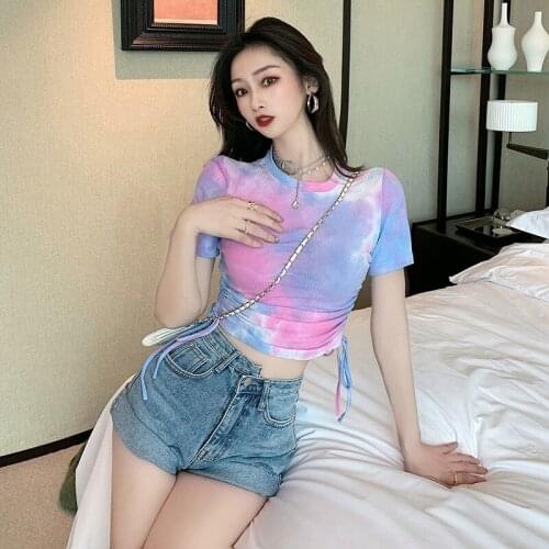 Wenfly Womens Clothes Tops Korean Tie Dyed Drawstring O-Neck Slim Short Sleeve Casual Vintage Summer Tee Shirt Femme