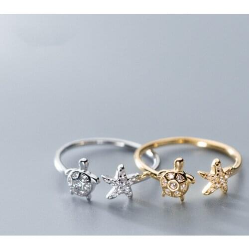 Silver 925 Jewelry Golden Starfish Tortoise Rings For Girl Women Gift Female Cute Animal Zircon Adjustable On Finger
