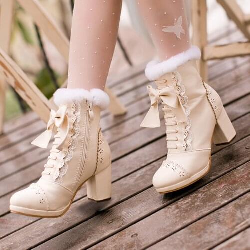 Fashion Side Zipper Platform Thick High Heel Boot Plus Size 40 Lolita Shoes Woman Ankle Boots Sweet Lace Bow Princess Snow Boots