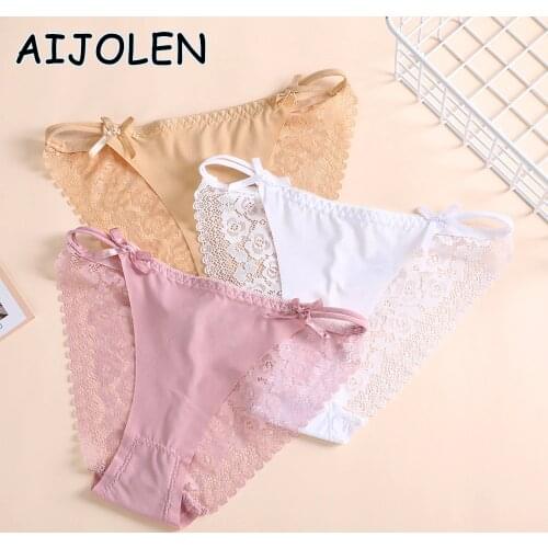 AIJOLEN Stitching Hollow Ice Silk Ladies Briefs Low Waist Sexy Lace Underwear Comfortable Solid Color Bow Panties