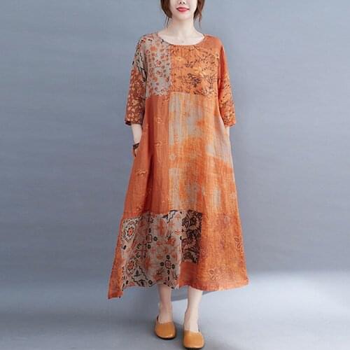 Johnature Casual New Patchwork Women Dress 2021 Summer New O-neck Half Sleeve Loose Pockets Print Female Dresses