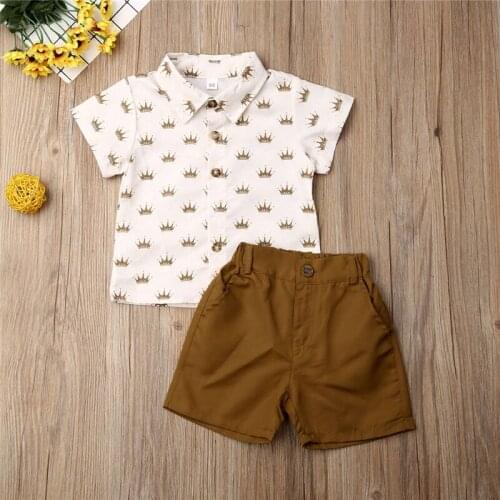 2021 Summer 2PCS Toddler Kids Baby Boy Gentleman Crown Print T-Shirt Tops+Pants Shorts Size 2-6Y Outfits Set