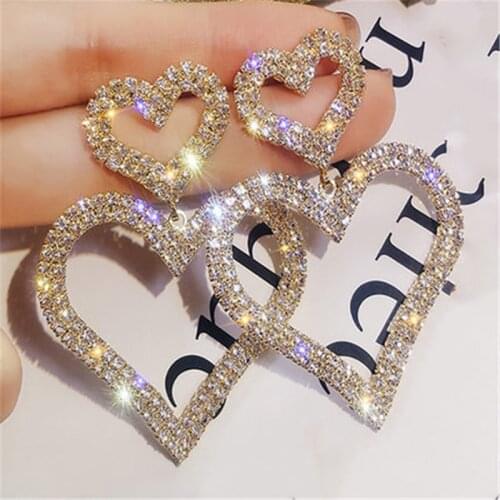 Big Exaggerated Fashion Crystal Double Heart Earrings Gold Silver Long Women Heart Rhinestone Drop Earrings Jewelry 2020