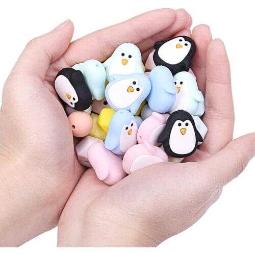 Chenkai 5PCS Silicone Penguin Teether Beads DIY Baby Animal Cartoon Chewing Pacifier Dummy Sensory Jewelry Toy Making Bead