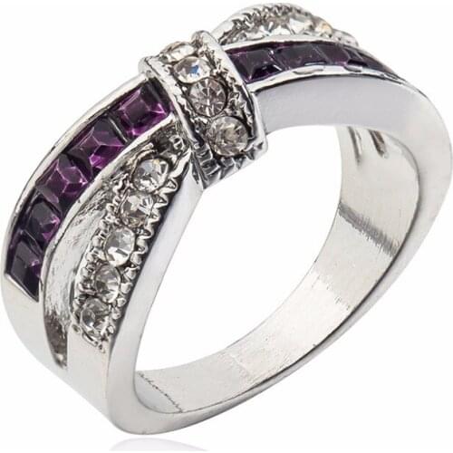 Purple and White Shiny Crystal Metallic Bands Crossing Knot Silver Plated Rings for Women 4 Sizes
