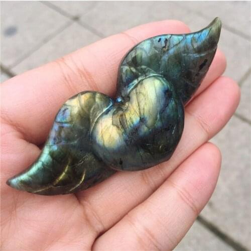 Natural labradorite stone Angel heart wings Pure hand carving love pendant crystal jewelry gift 1pcs