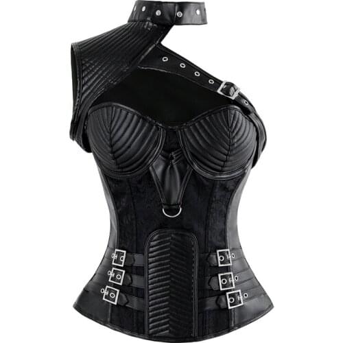 Faux Leather Gothic Corset Tops Sexy Steampunk Bustiers Overbust Corsets Women Vintage Party Clothing Purple Black Bodice Sets