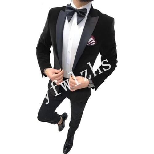 Handsome Velveteen Groomsmen Peak Lapel Groom Tuxedos Mens Wedding Dress Man Blazer Prom Dinner (Jacket+Pants+Tie) A225
