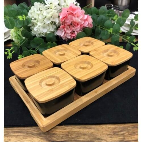 Creative Bamboo Snack Breakfast Serving Platter Tray Porcelain Bowls with Lid Set of 13 Kitchenware Picnic Snack Serving Platter
