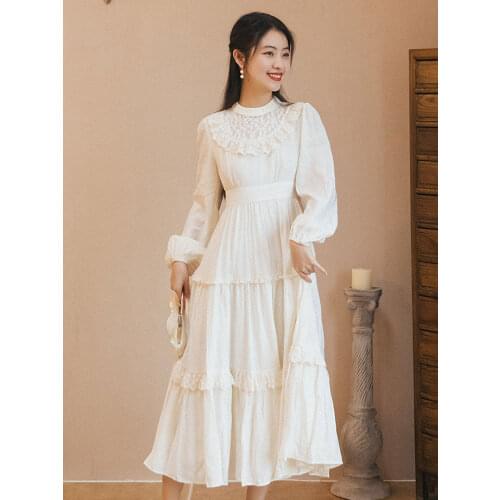 Summer Womens Retro Stitching Lace Collar Was Thin And Long Dress Japanese Girl Pastoral Style Waist Dress White Fairy Dress