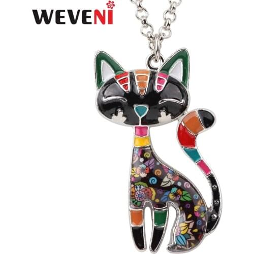 WEVENI Statement Enamel Cat Kitten Necklace Pendant With Specular Effect Chain Collar Souvenir New Fashion Jewelry For Women