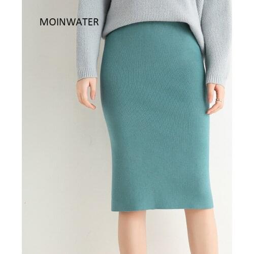 MOINWATER 2020 New Women Elastic Skirt Lady Solid Office Knitted Skirts Female Knee-Length Short Dress MD2027