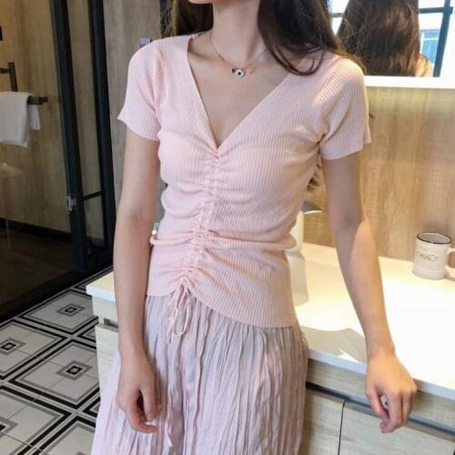 MRMT 2021 Brand New Summer Womens Vest T Shirt Drawstring V-collar Short Sleeve T-shirt for Female Knitted Tops Tshirt