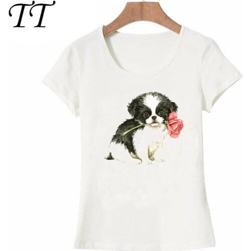 2018 New Fashion Women T Shirts Summer Valentine Rose Japanese Chin Dog Print T-Shirt Woman Casual Tops Novelty Female Tee