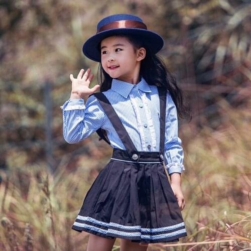 Girls' Autumn 2018 Long Sleeves Skirt With shirts set Overalls Stripe Children Clothes Size 110-160
