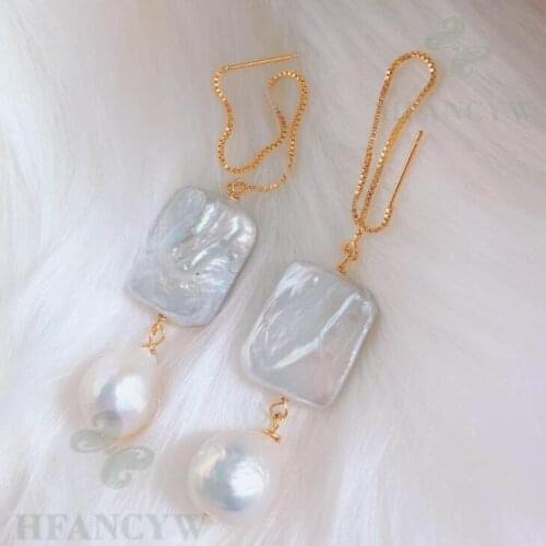White Baroque Pearl Long Section Earring 18k Ear Stud Fashion AAA Mesmerizing Wedding Cultured Irregular Earbob Natural Classic