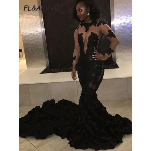 Sexy Black Mermaid Evening Dresses 2019 Long Sleeves Jewel Tulle Applique Chapel Train Evening Prom Dresses