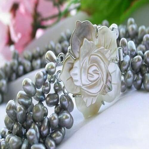 Unique Pearls jewellery Store 4row 7mm Gray Rice Freshwater Cultured Pearl Necklace Charming Women Gift