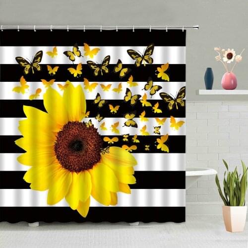 Sunflower Flower Shower Curtain Butterfly Retro Wood Board Bathroom Decorative Bath Curtains Washable With Hook Set Home Screen