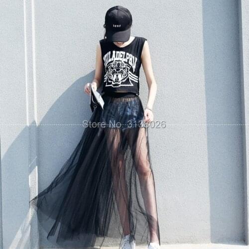 Women High Waist sexy design Sheer Side Split Skirt Black Solid Transparent Chiffon Pleated Maxi Long Skirt Summer Hot