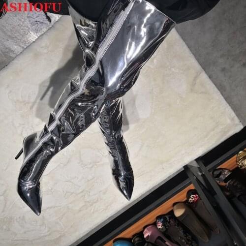 ASHIOFU Handamde Real Photos Womens Thigh High Boots Sexy Night-club Party Boots Evening Stripers Fashion High Heel Long Boots