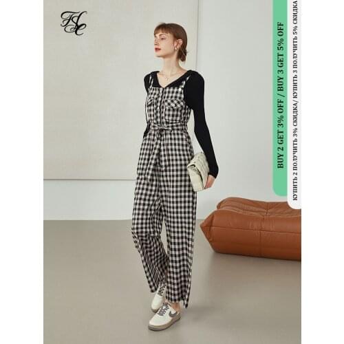 FANSILANEN Autumn Ladies Plaid Sling Jumpsuit High Waist Straps Wide Leg Jumpsuit Waist Bow Overalls Jumpsuits For Women 2021