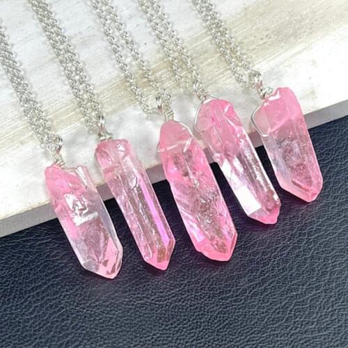 Healing Stone Pendulum Rock Crystal Necklace Stainless Steel Chain Choker Chakra Rainbow Point Natural Quartz Pendant Necklace