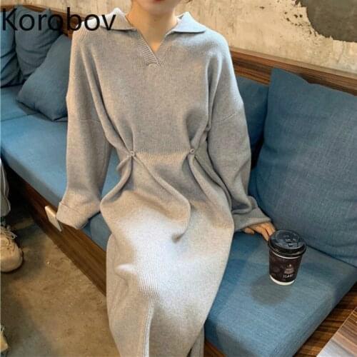 Korobov Vintage Solid Knitted Dress Women Winter Long Sleeve Turn-Down Collar Button Vestidos Korean OL Elegant Dresses 79000