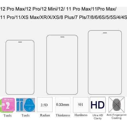 10PCS 2.5D 9H Tempered Glass Protective Film For iphone 12 11 Pro Max XS Max XR X XS 7 8 6 PLUS 6 6S 5 5S 4 4S Screen Protector