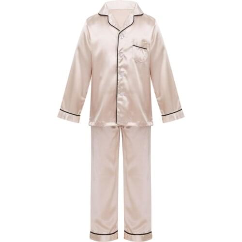 2pcs Kids Boys Girls Sleepwear Home Wear Clasic Silk Pajamas Outfit Button-Down Long Sleeve Tops with Pants Set Loungewear