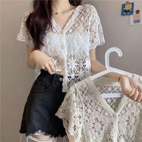 2021 Summer New Knitted Women T Shirt Vintage Korean Style V-neck Shirt Hollow Design Tops Loose Short Sleeve Cardigan Blouse