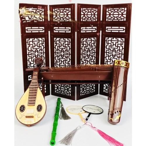 Retro Bjd Doll Accessories Chinese Style Decoration Props Screen Group Fan Flute Guzheng Musical Instrument Childrens Toy Gift