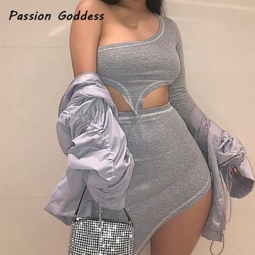 Asymmetry 2 Piece Skirts Set Street Women One Shoulder Long Sleeve Shirt High Waist Split Skirts Irregular Suit Two Piece Outfit