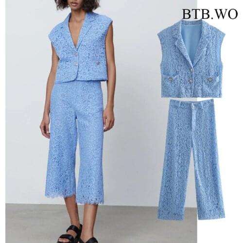 BTB.WO Za Womens 2 Pieces Sets Spring Fashion Lace Splicing Cropped Vest Women Calf-Length Pants Casual Two Pieces Set
