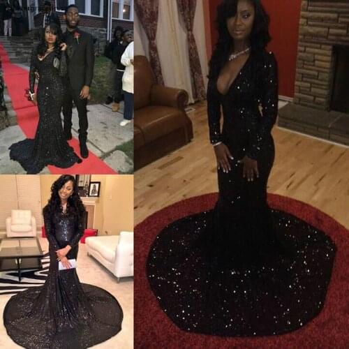 Black Sequined Evening Dress High Quality Long Sleeves Special Occasion Dress Party Gown