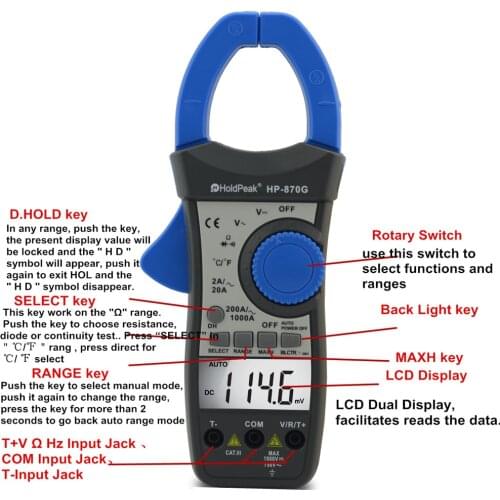 HoldPeak HP-870G Auto Range DC AC Voltage AC current Digital Clamp Meter Multimeter