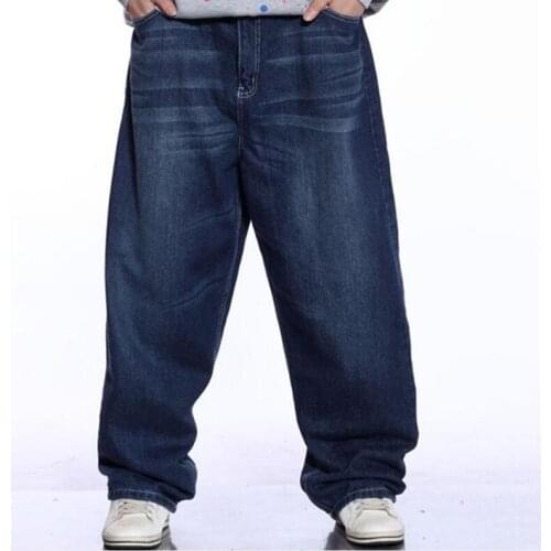 Men Wide Leg Blue Jeans Hip Hop Streetwear Mens Bleached Baggy Jeans Skateboarder Denim Pants Plus Size 44 46