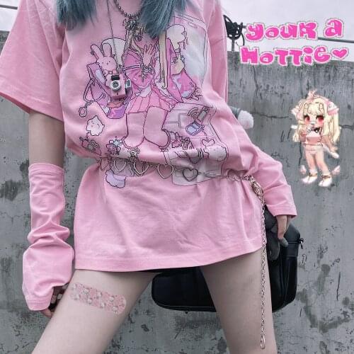 Japanese hip-hop Harajuku punk cartoon anime female T-shirt loose kawaii oversize Vintage tops sweet tees funny women clothing