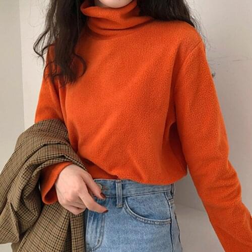 Turtleneck Solid Color Fleece T-shirts Women Autumn Winter Fashion Loose Bottoming Tops Female All Match Warm Thicken Tshirt