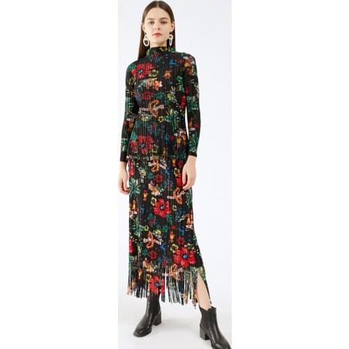 Miyake pleated Printed Suit 2021 Fall New Long Sleeve Tops Retro Ethnic Mid-length chinese style Skirt for woman